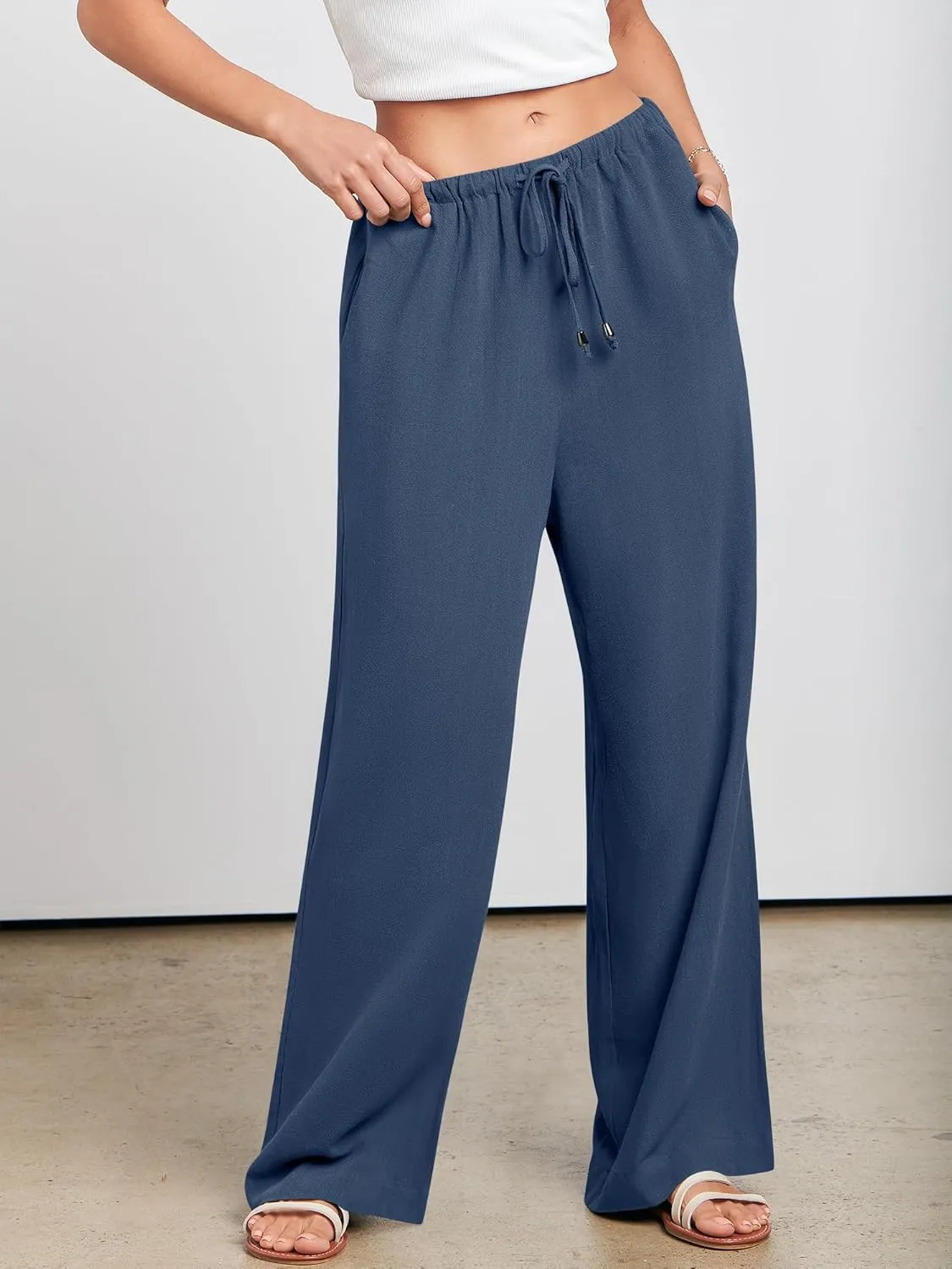 ANRABESS Womens Linen Palazzo Pants Summer Flowy Wide Leg Drawstring Casual Trousers with Pockets Beach Vacation Outfits