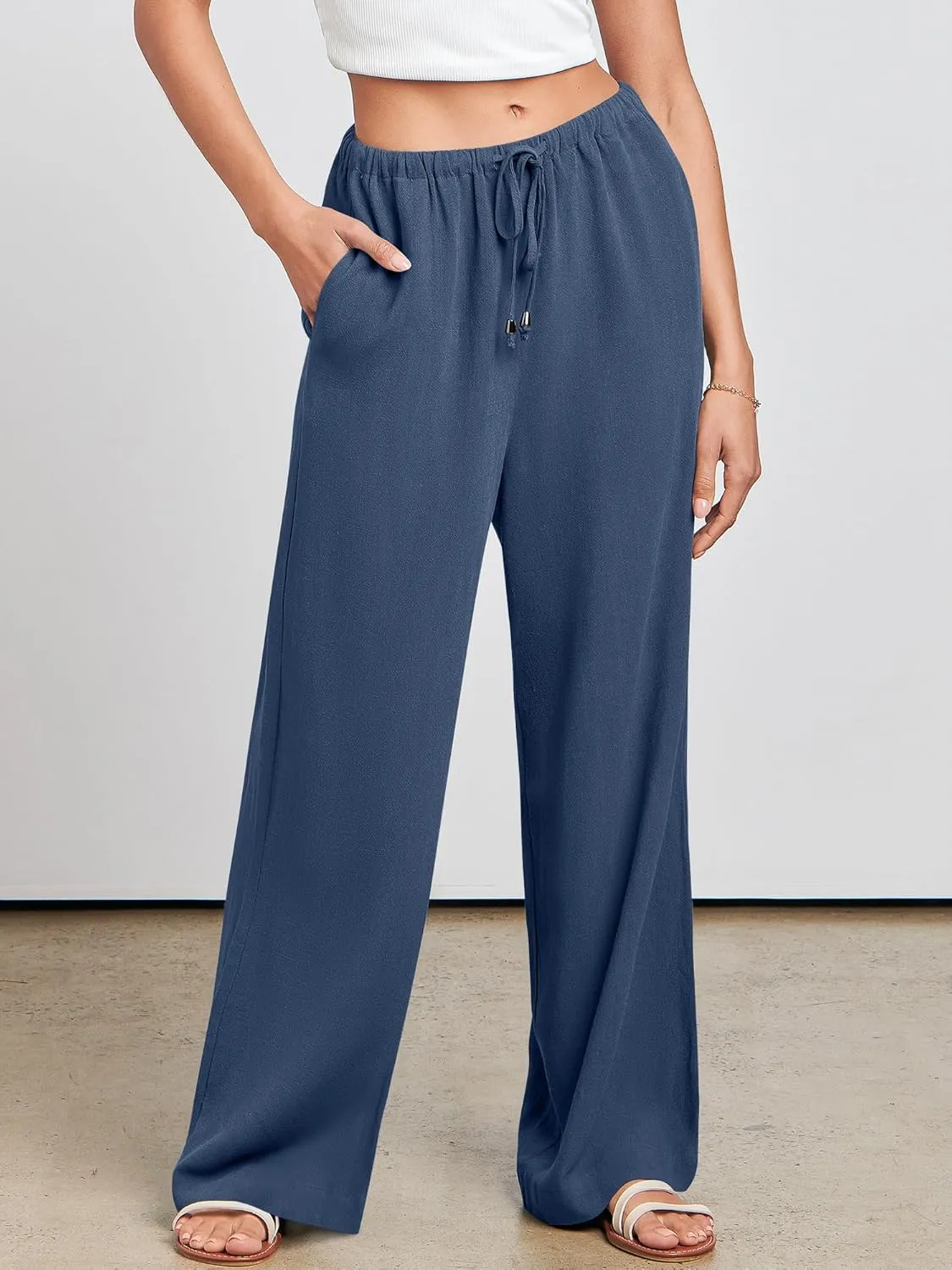 ANRABESS Womens Linen Palazzo Pants Summer Flowy Wide Leg Drawstring Casual Trousers with Pockets Beach Vacation Outfits