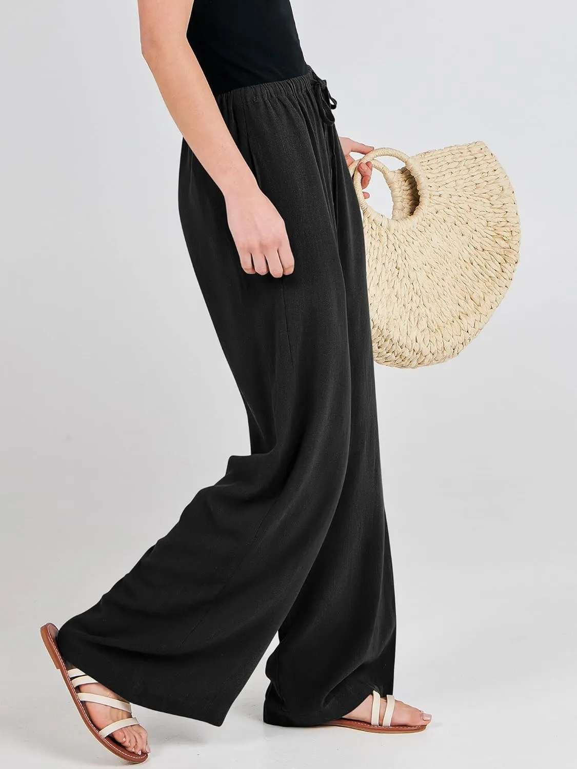 ANRABESS Womens Linen Palazzo Pants Summer Flowy Wide Leg Drawstring Casual Trousers with Pockets Beach Vacation Outfits