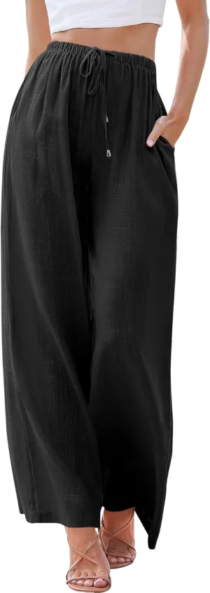 ANRABESS Womens Linen Palazzo Pants Summer Flowy Wide Leg Drawstring Casual Trousers with Pockets Beach Vacation Outfits