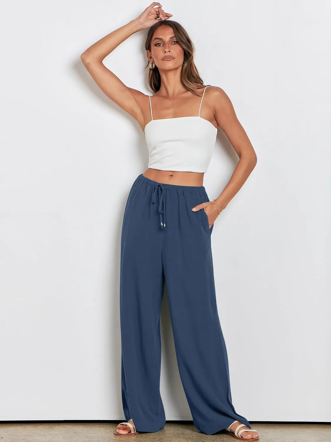 ANRABESS Womens Linen Palazzo Pants Summer Flowy Wide Leg Drawstring Casual Trousers with Pockets Beach Vacation Outfits