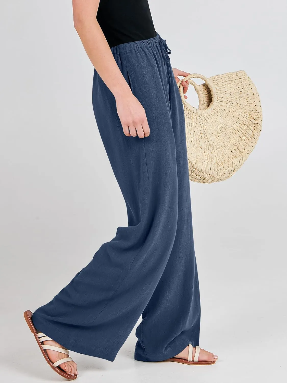 ANRABESS Womens Linen Palazzo Pants Summer Flowy Wide Leg Drawstring Casual Trousers with Pockets Beach Vacation Outfits