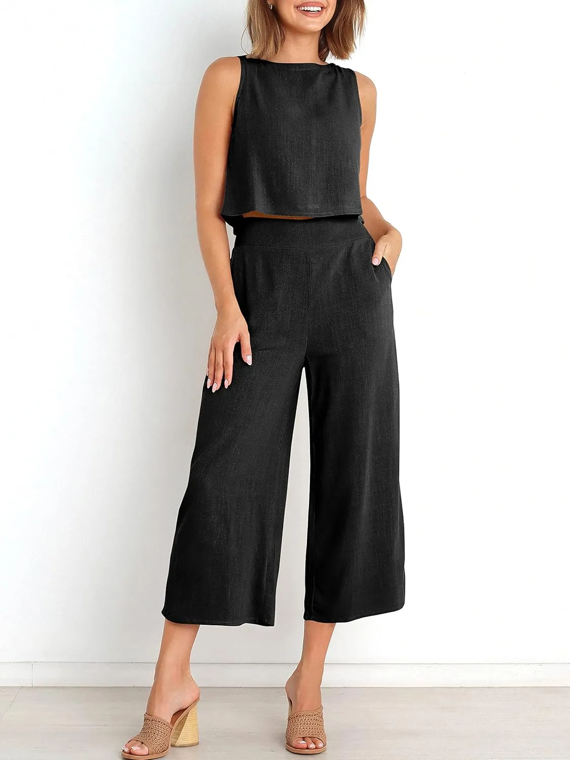 ANRABESS Women's Summer 2 Piece Outfits Sleeveless Crop Top Capri Wide Leg Pants Jumpsuit Linen Lounge Beach Travel Sets