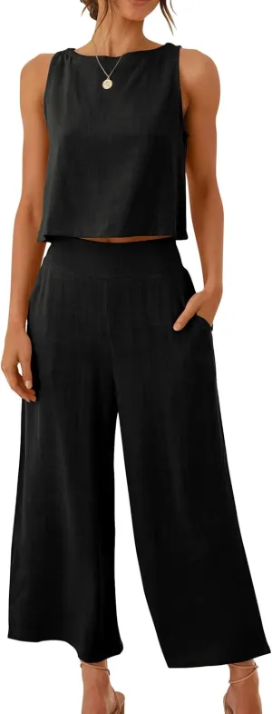 ANRABESS Women's Summer 2 Piece Outfits Sleeveless Crop Top Capri Wide Leg Pants Jumpsuit Linen Lounge Beach Travel Sets