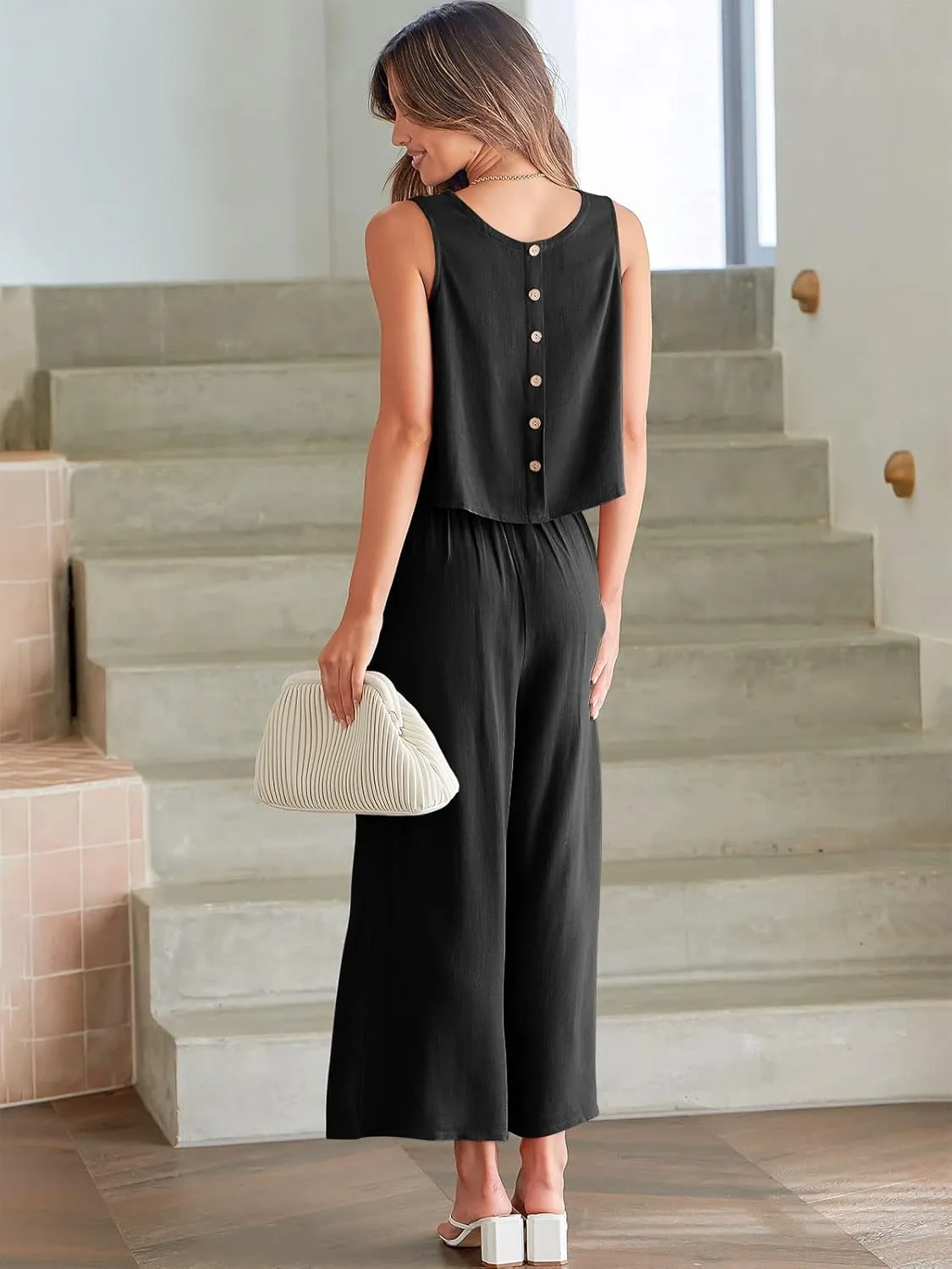 ANRABESS Women's Summer 2 Piece Outfits Sleeveless Crop Top Capri Wide Leg Pants Jumpsuit Linen Lounge Beach Travel Sets