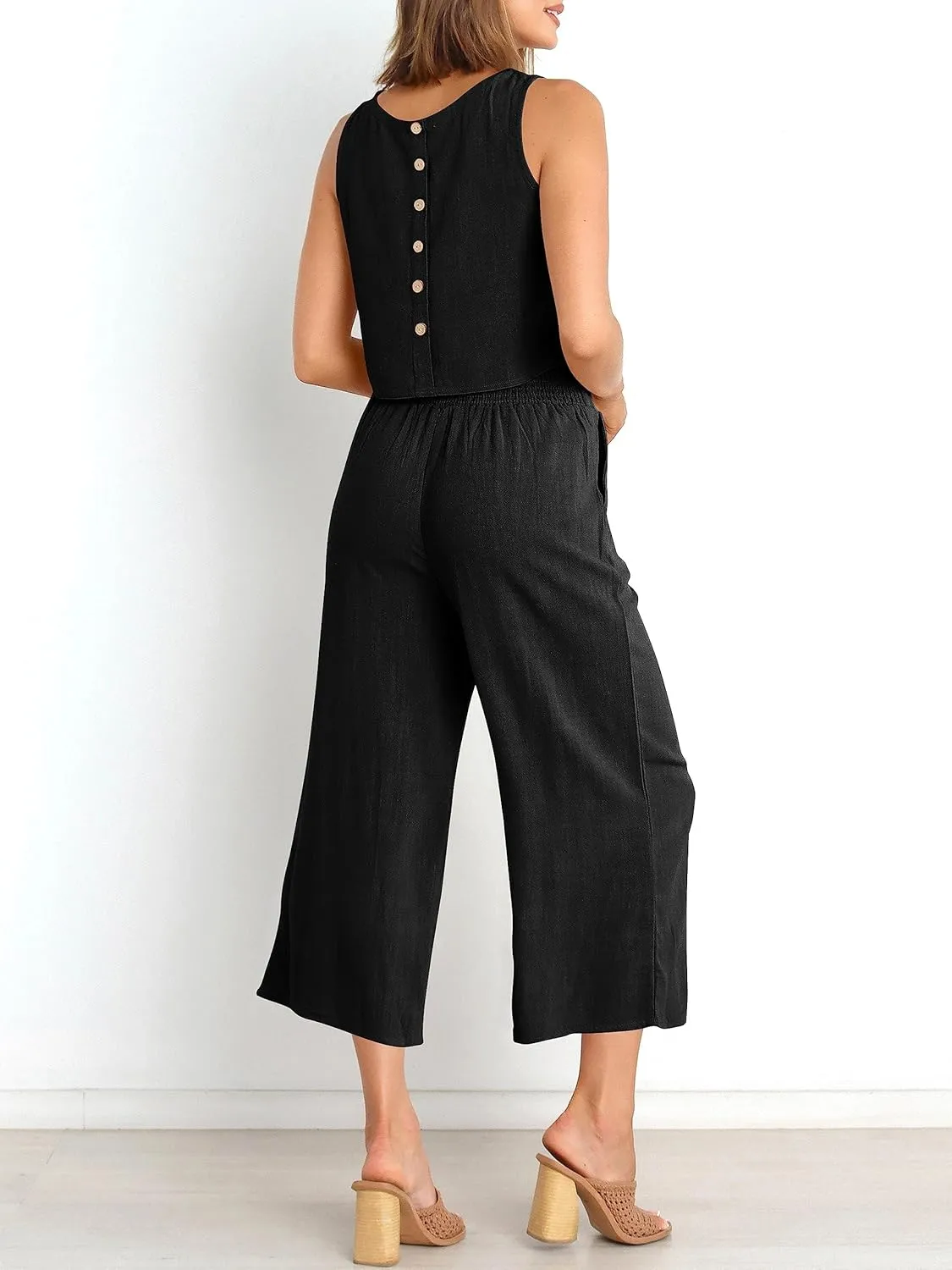 ANRABESS Women's Summer 2 Piece Outfits Sleeveless Crop Top Capri Wide Leg Pants Jumpsuit Linen Lounge Beach Travel Sets