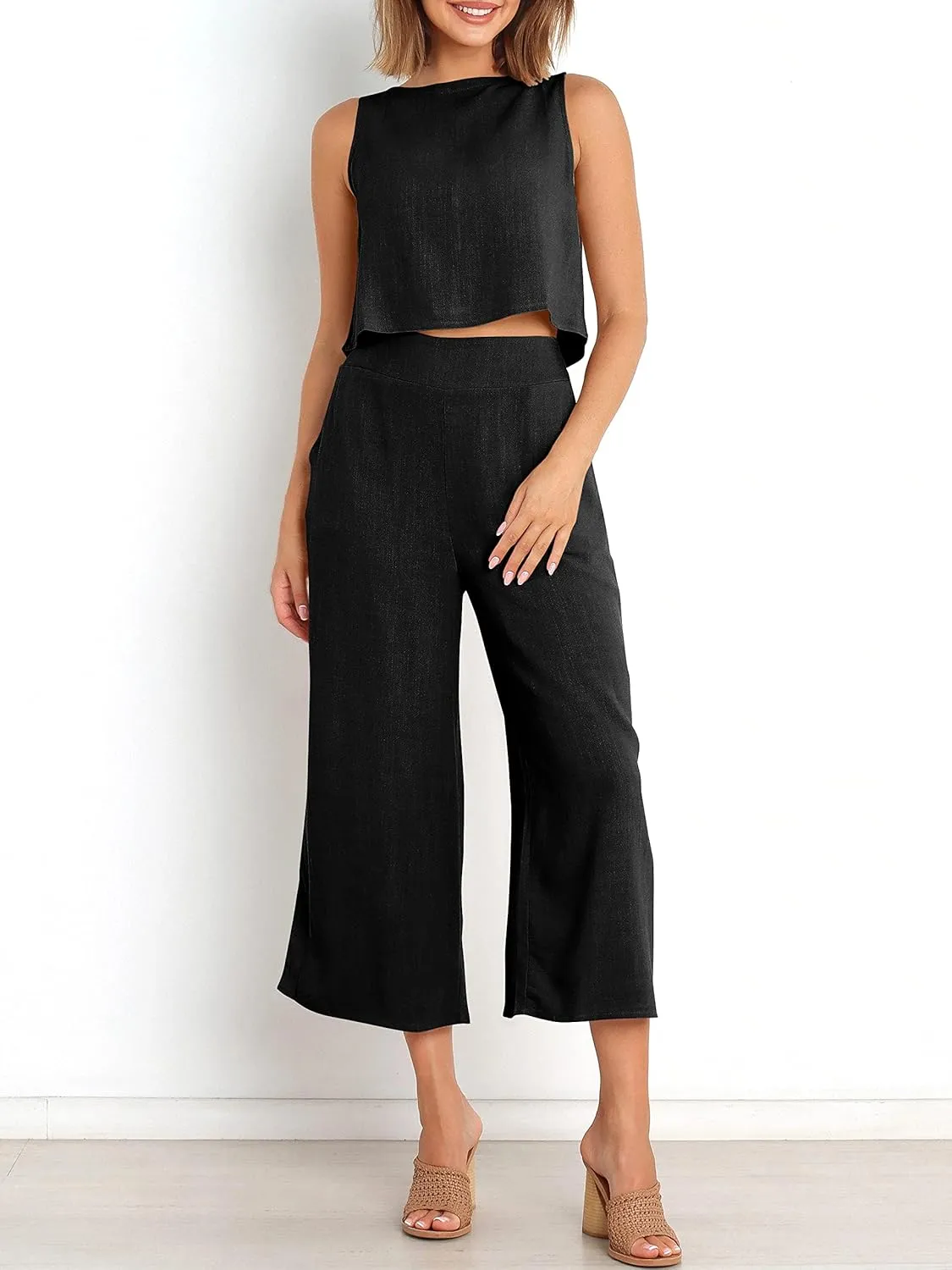 ANRABESS Women's Summer 2 Piece Outfits Sleeveless Crop Top Capri Wide Leg Pants Jumpsuit Linen Lounge Beach Travel Sets