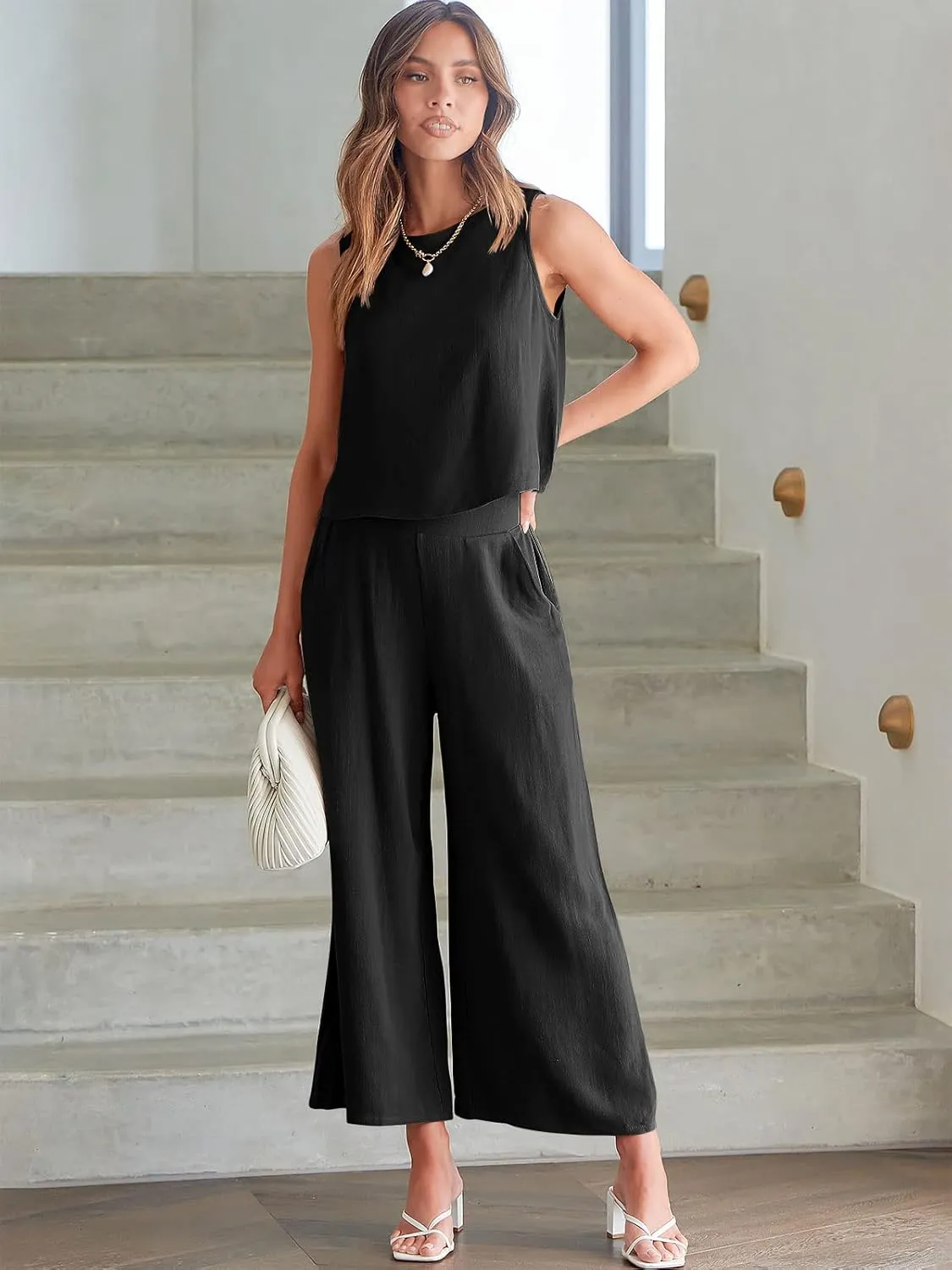 ANRABESS Women's Summer 2 Piece Outfits Sleeveless Crop Top Capri Wide Leg Pants Jumpsuit Linen Lounge Beach Travel Sets