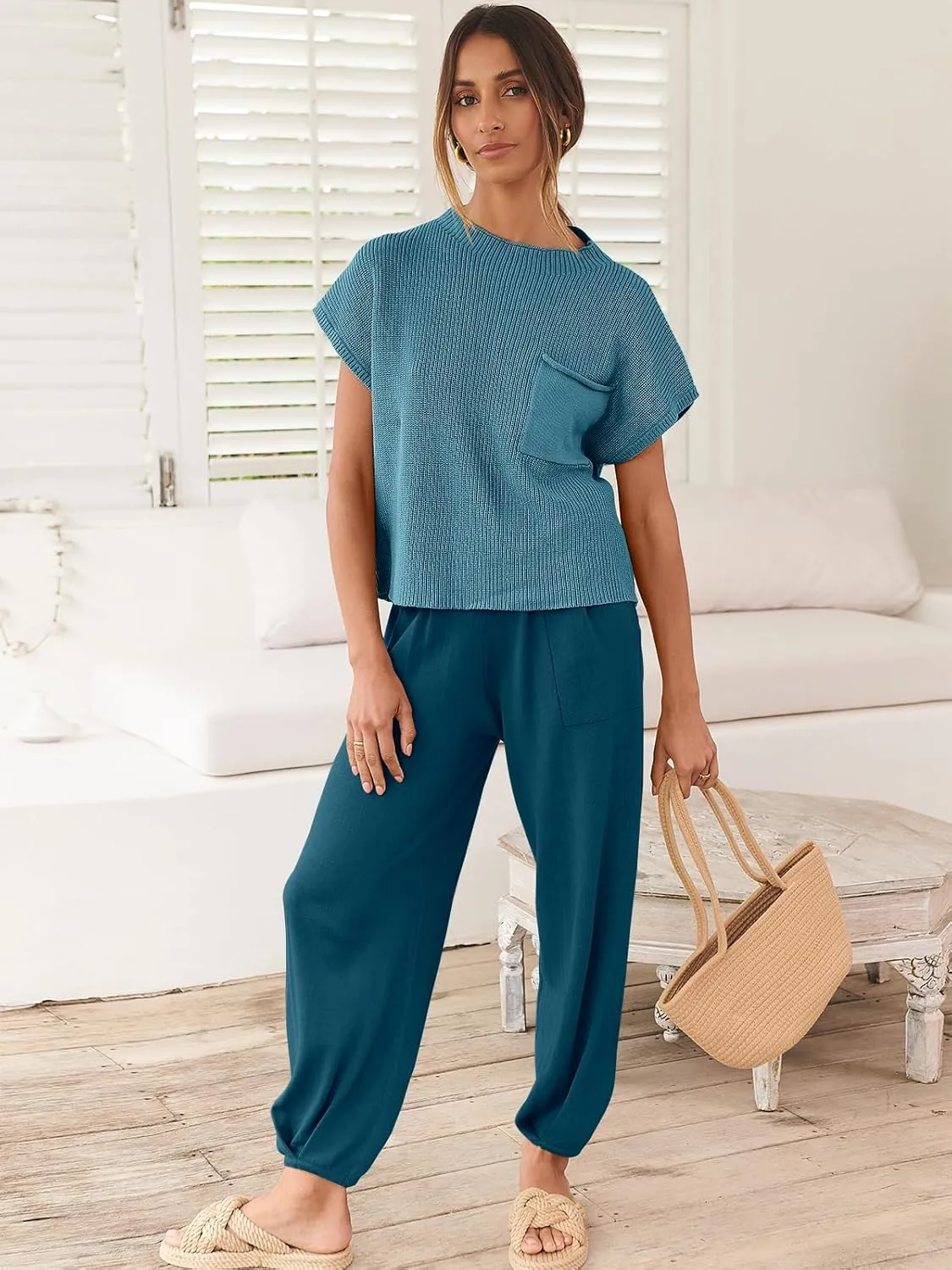 ANRABESS Women's Two Piece Outfits Knit Sweater Vest Crop Top Pants Lounge Matching Tracksuit Sweatsuit Travel Clothes Sets