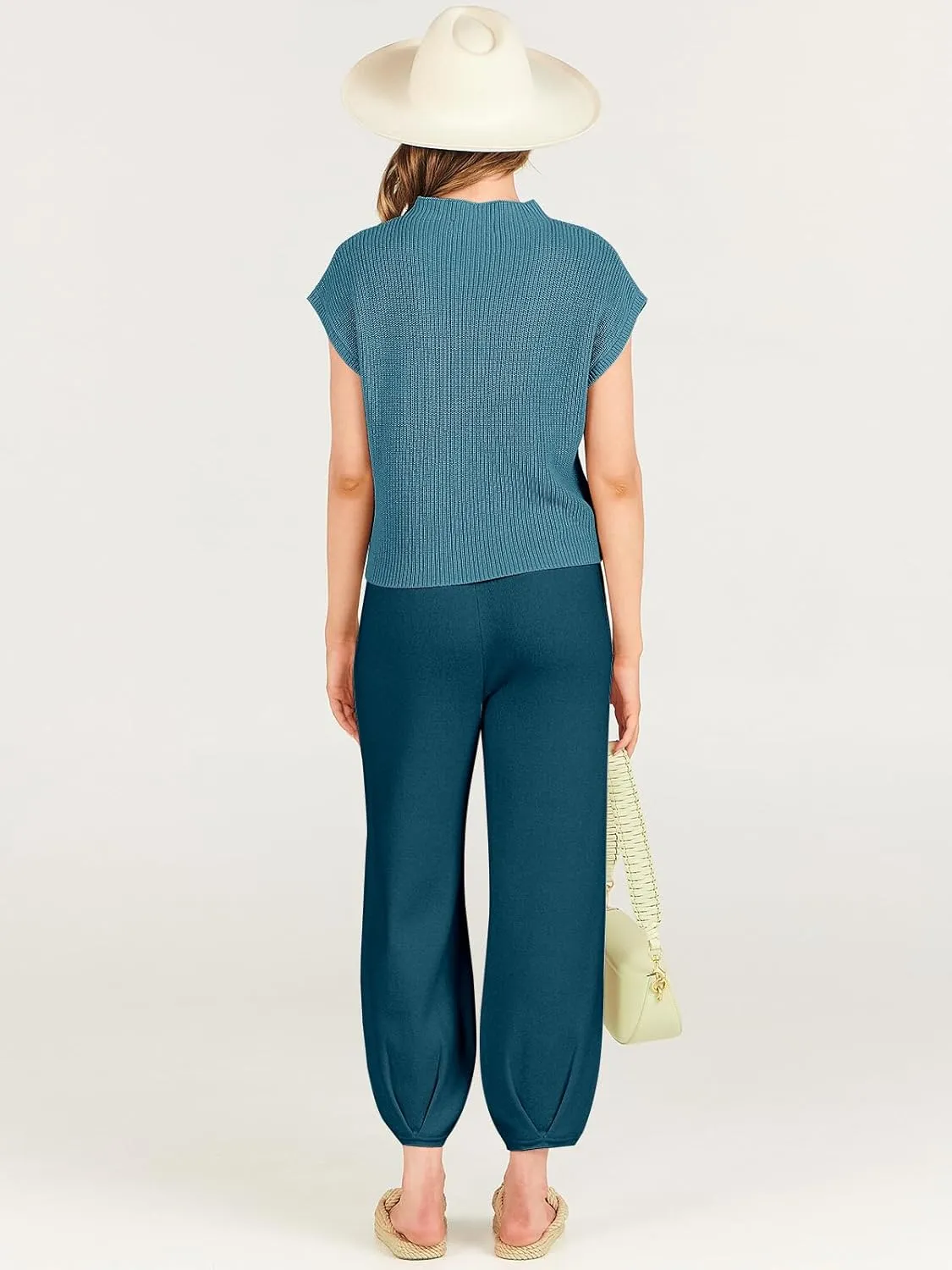 ANRABESS Women's Two Piece Outfits Knit Sweater Vest Crop Top Pants Lounge Matching Tracksuit Sweatsuit Travel Clothes Sets
