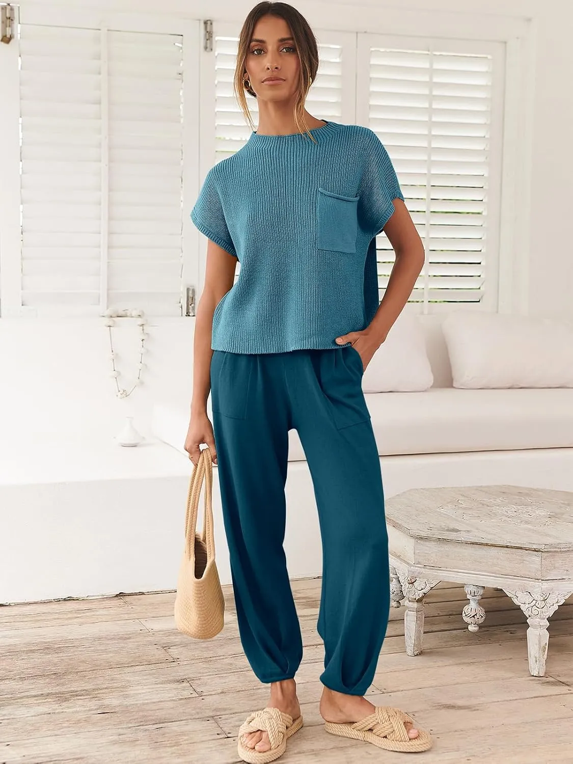 ANRABESS Women's Two Piece Outfits Knit Sweater Vest Crop Top Pants Lounge Matching Tracksuit Sweatsuit Travel Clothes Sets