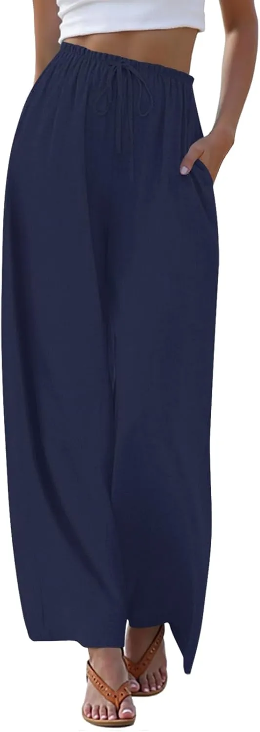 Anymeet Women's Linen Summer Palazzo Pants Flowy Wide Leg Beach Trousers M-3XL