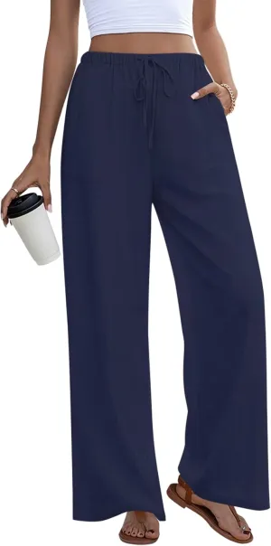 Anymeet Women's Linen Summer Palazzo Pants Flowy Wide Leg Beach Trousers M-3XL