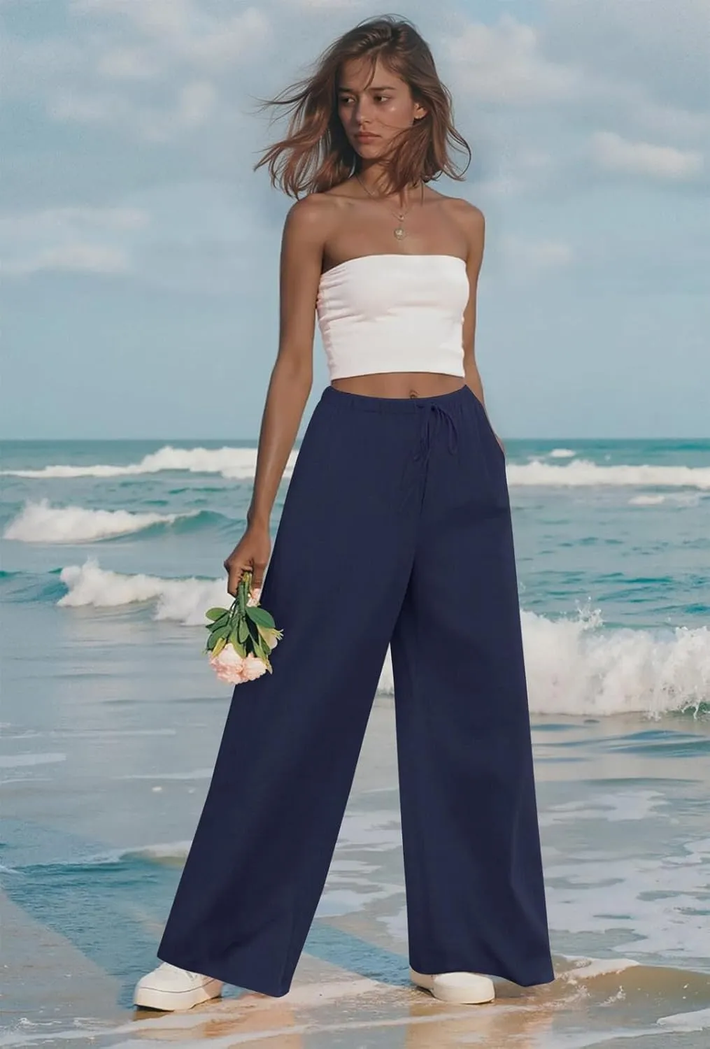 Anymeet Women's Linen Summer Palazzo Pants Flowy Wide Leg Beach Trousers M-3XL