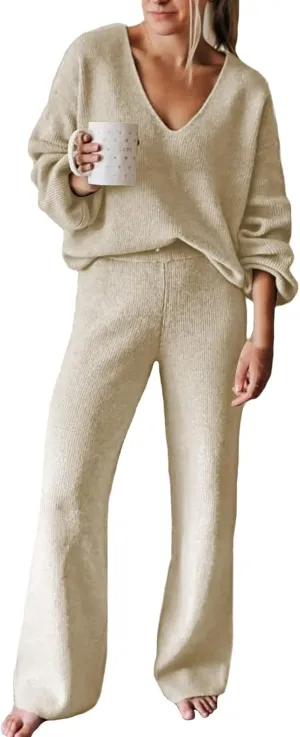 AOHITE Womens Knit Sweater Pajamas Set V-neck Pullover Tops Wide Leg Pants Sleepwear Loungewear Outfits Apricot X-Large