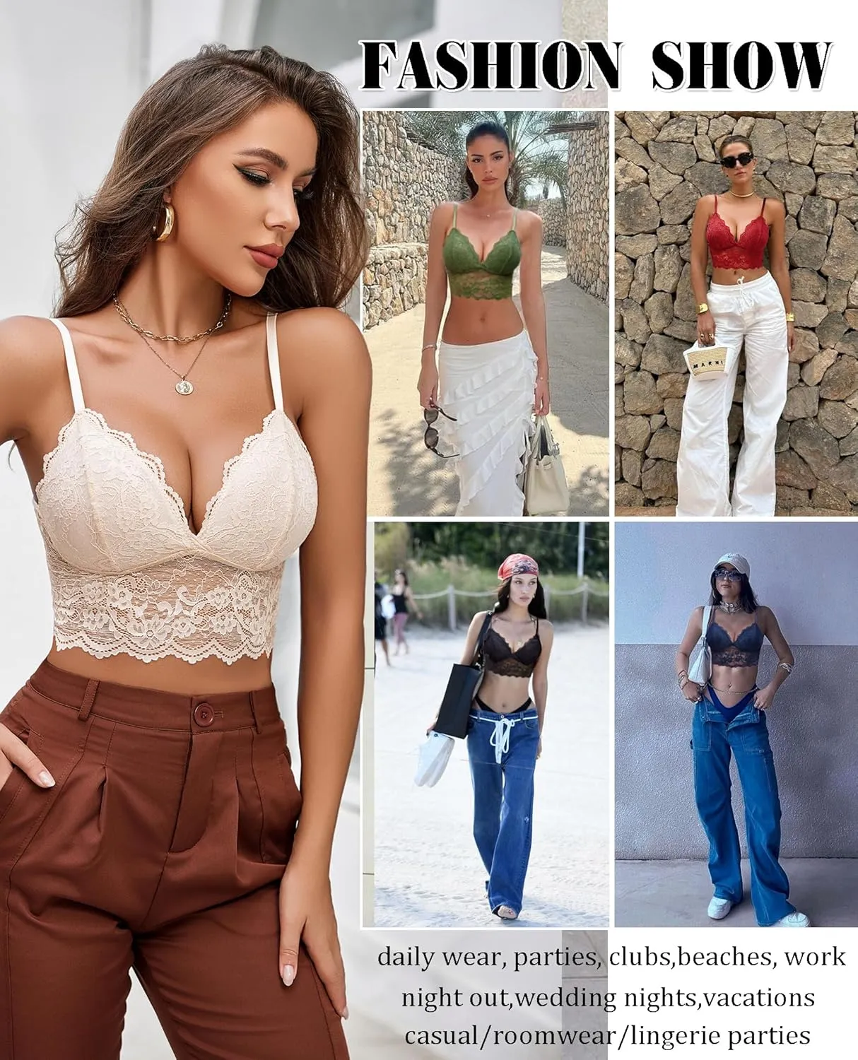 Avidlove Bralettes for Women V Neck Spaghetti Strap Bra Lace Tops Sexy Cami Crop Top Going Out Lingerie Outfits