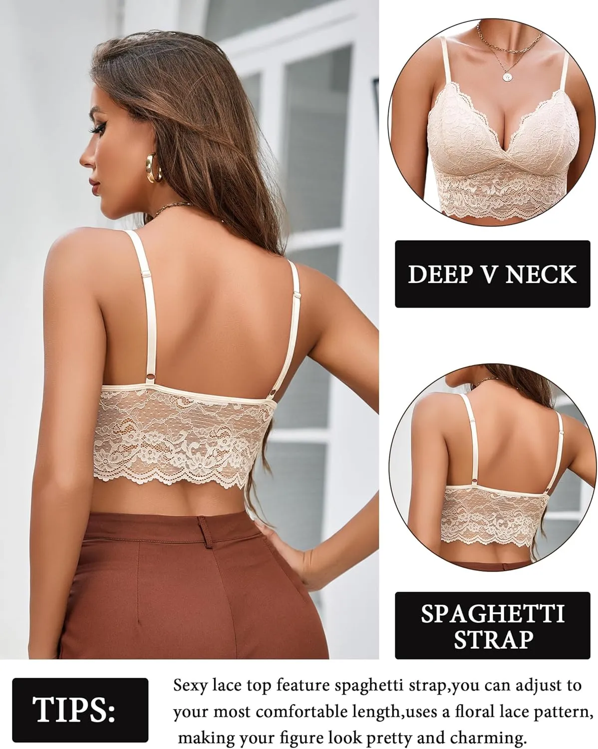 Avidlove Bralettes for Women V Neck Spaghetti Strap Bra Lace Tops Sexy Cami Crop Top Going Out Lingerie Outfits
