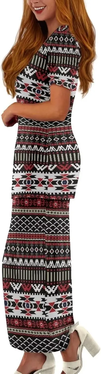 Aztec Native American High Waist Midi Skirt Set Women 2 Piece Summer Outfits Tops High Waist Midi Skirt Set