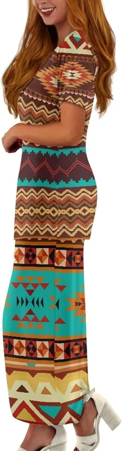 Aztec Native American High Waist Midi Skirt Set Women 2 Piece Summer Outfits Tops High Waist Midi Skirt Set