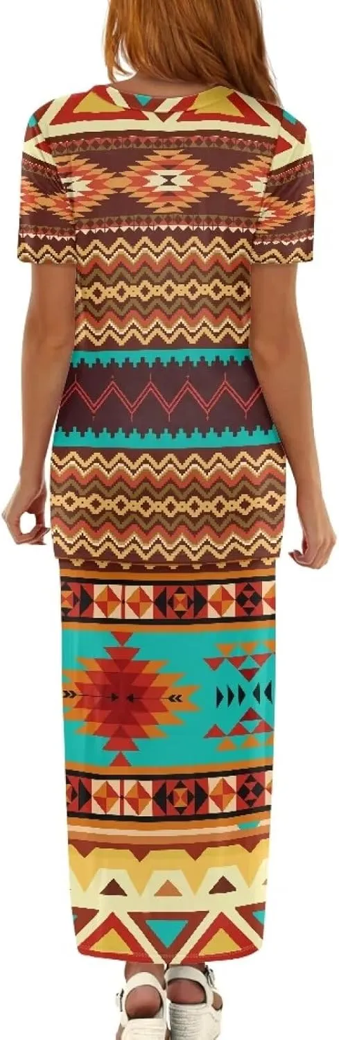 Aztec Native American High Waist Midi Skirt Set Women 2 Piece Summer Outfits Tops High Waist Midi Skirt Set