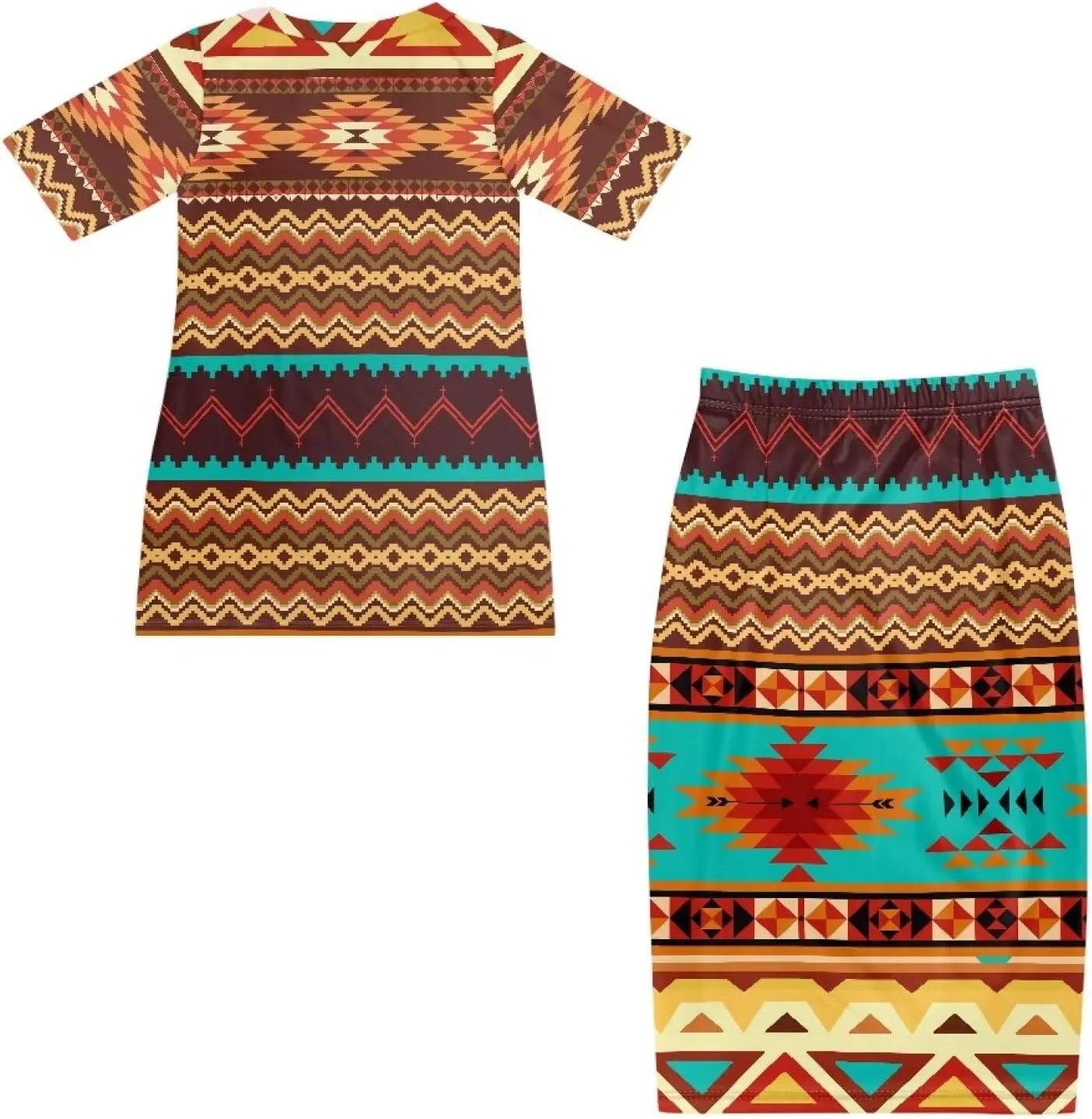 Aztec Native American High Waist Midi Skirt Set Women 2 Piece Summer Outfits Tops High Waist Midi Skirt Set
