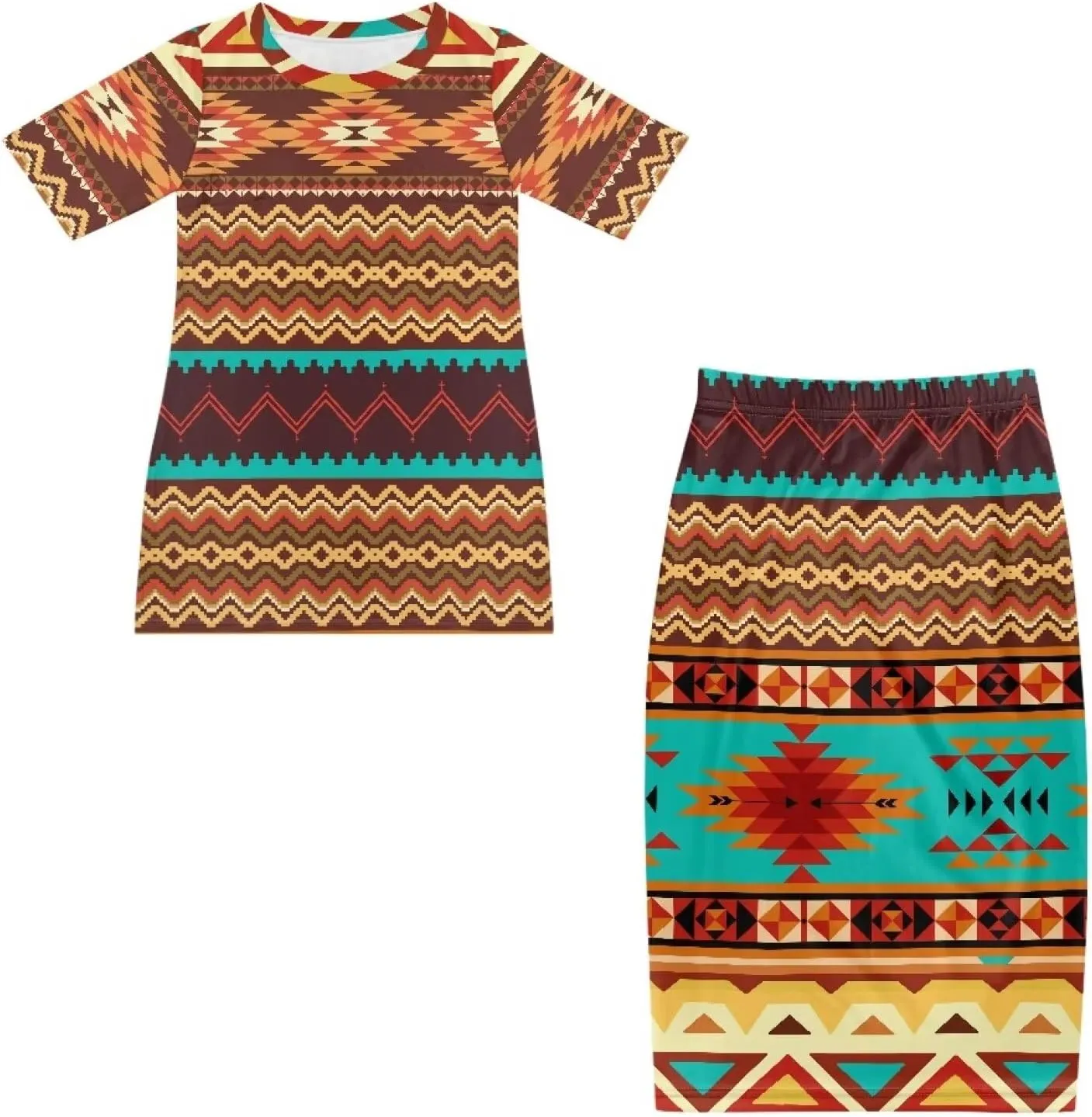 Aztec Native American High Waist Midi Skirt Set Women 2 Piece Summer Outfits Tops High Waist Midi Skirt Set