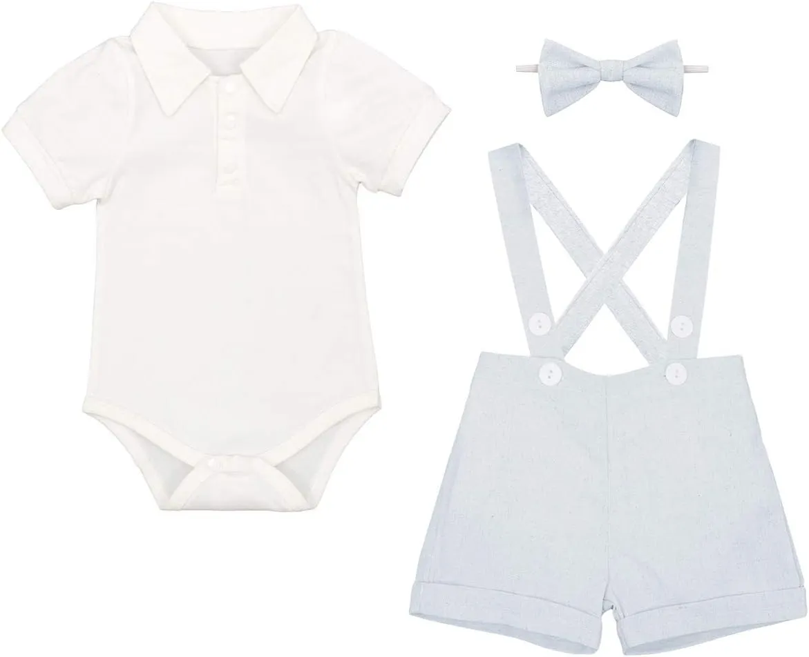 Baby Boys Formal Suit Set Short Sleeve Romper Suspenders Shorts Pants Bowtie Wedding Tuxedo Outfits Cake Smash Clothes