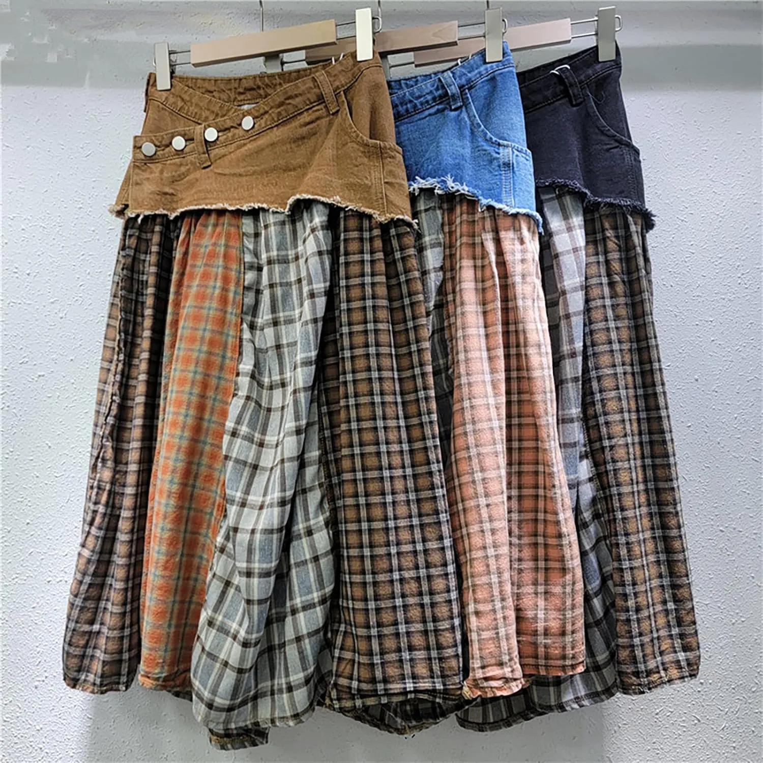 BAIMORE Women's High Waist Plaid Patchwork Pleated Hem A Line Denim Midi Skirt