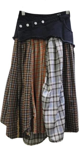 BAIMORE Women's High Waist Plaid Patchwork Pleated Hem A Line Denim Midi Skirt