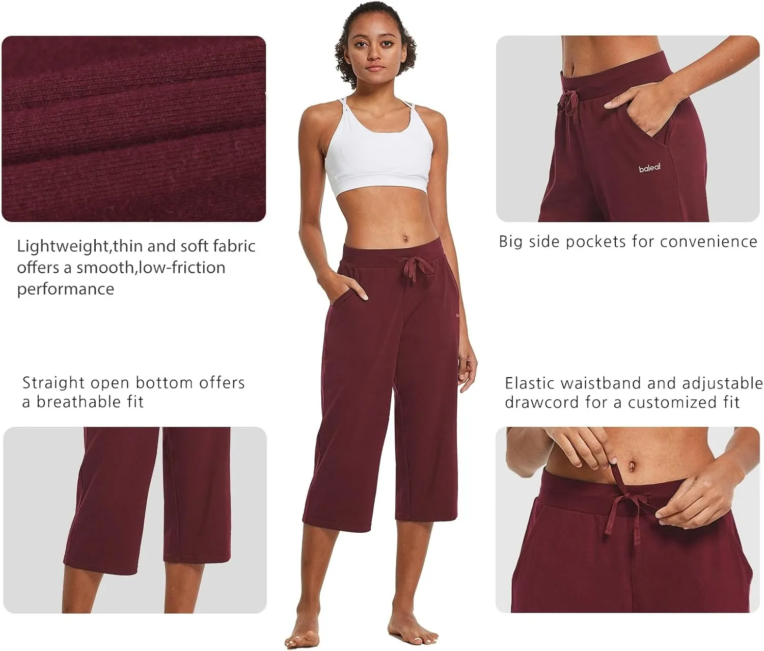 baleaf Women's Capris Yoga Cotton Wide Leg Casual Summer Capri Sweatpants Loose Lounge Workout Crop Pants Pockets