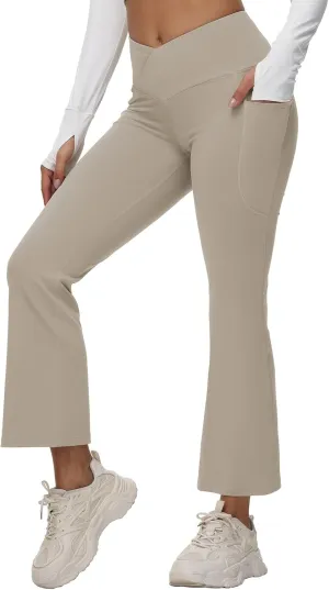 baleaf Women's Petite Flare Leggings Tummy Control Crossover High Waisted Yoga Pants with Pockets Work Casual 27"