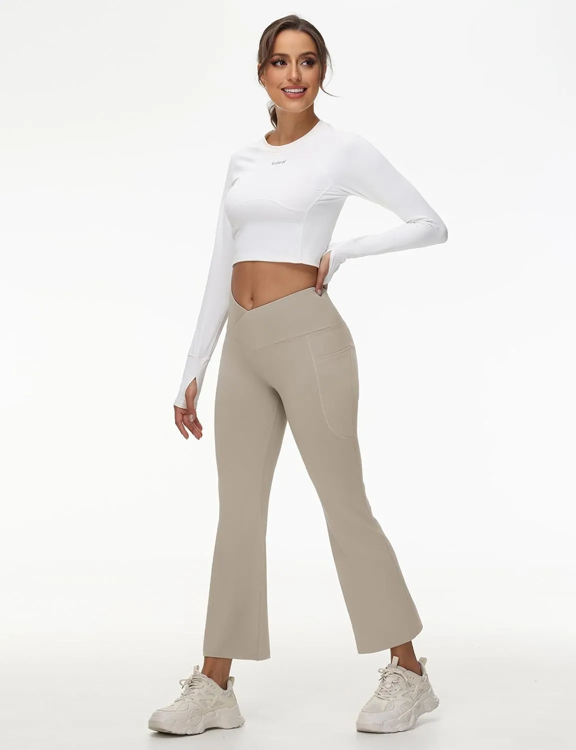 baleaf Women's Petite Flare Leggings Tummy Control Crossover High Waisted Yoga Pants with Pockets Work Casual 27"