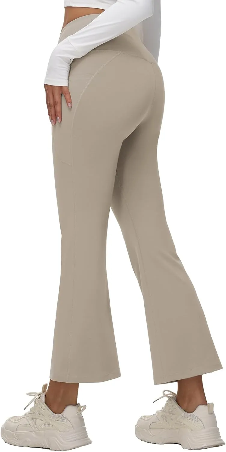 baleaf Women's Petite Flare Leggings Tummy Control Crossover High Waisted Yoga Pants with Pockets Work Casual 27"