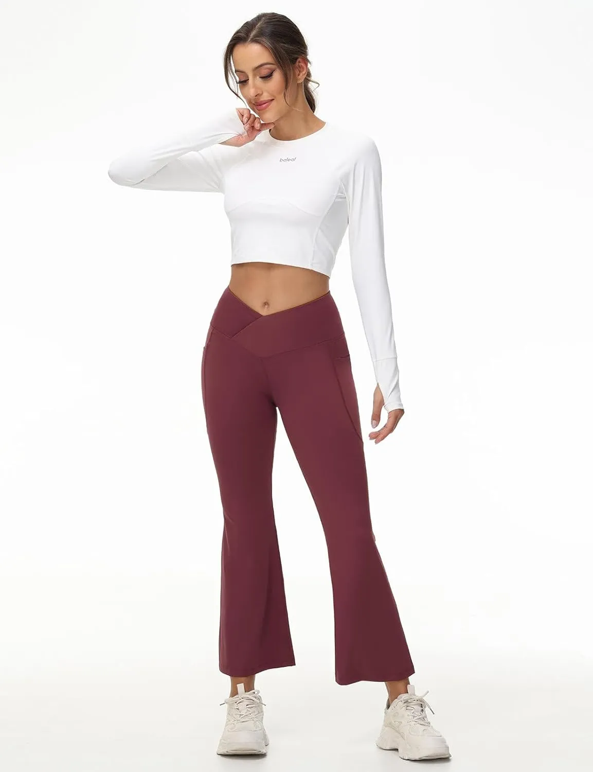baleaf Women's Petite Flare Leggings Tummy Control Crossover High Waisted Yoga Pants with Pockets Work Casual 27"