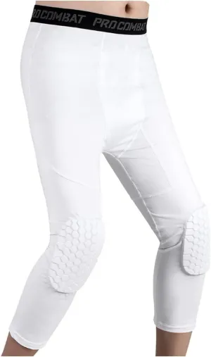 Basketball Pants with Knee Pads 3/4 Compression Leggings Capri Tights