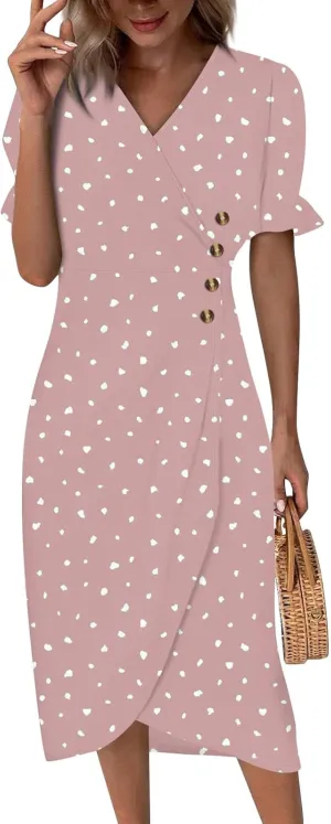 Beach Dresses for Women,2025 Spring Trendy Floral Boho Dress,Elegant V Neck Short Sleeve Irregular Hem Midi Dress