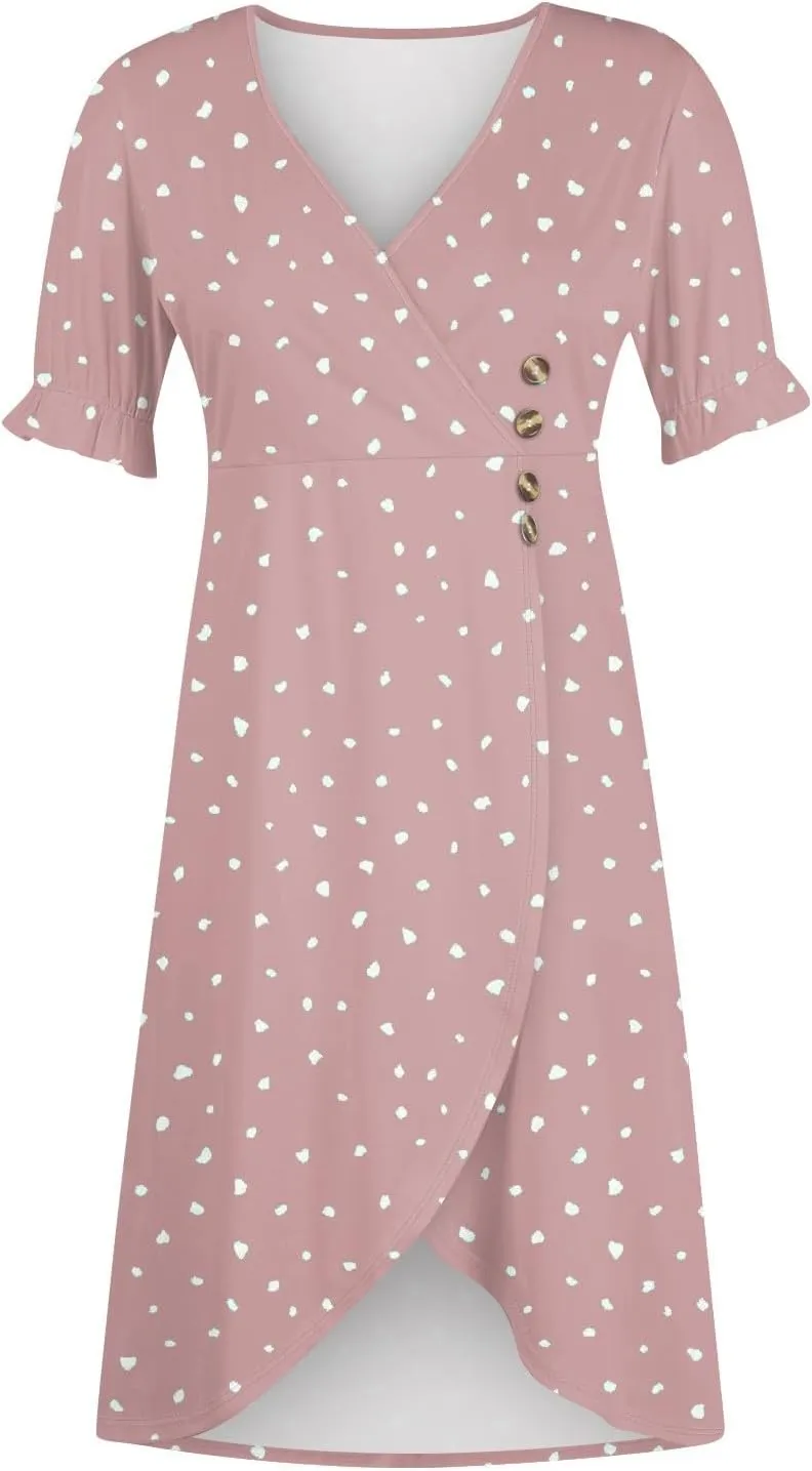 Beach Dresses for Women,2025 Spring Trendy Floral Boho Dress,Elegant V Neck Short Sleeve Irregular Hem Midi Dress