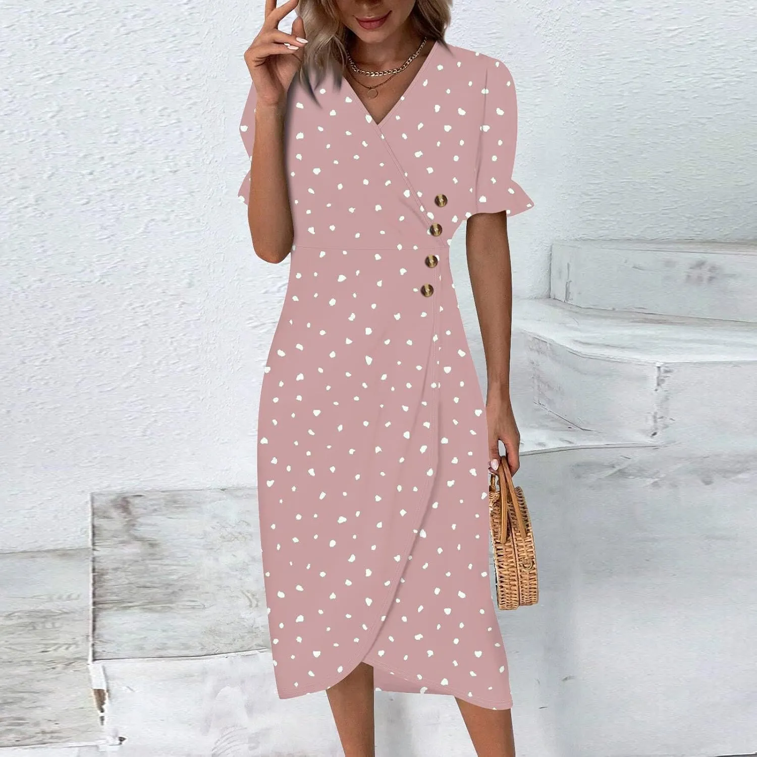 Beach Dresses for Women,2025 Spring Trendy Floral Boho Dress,Elegant V Neck Short Sleeve Irregular Hem Midi Dress