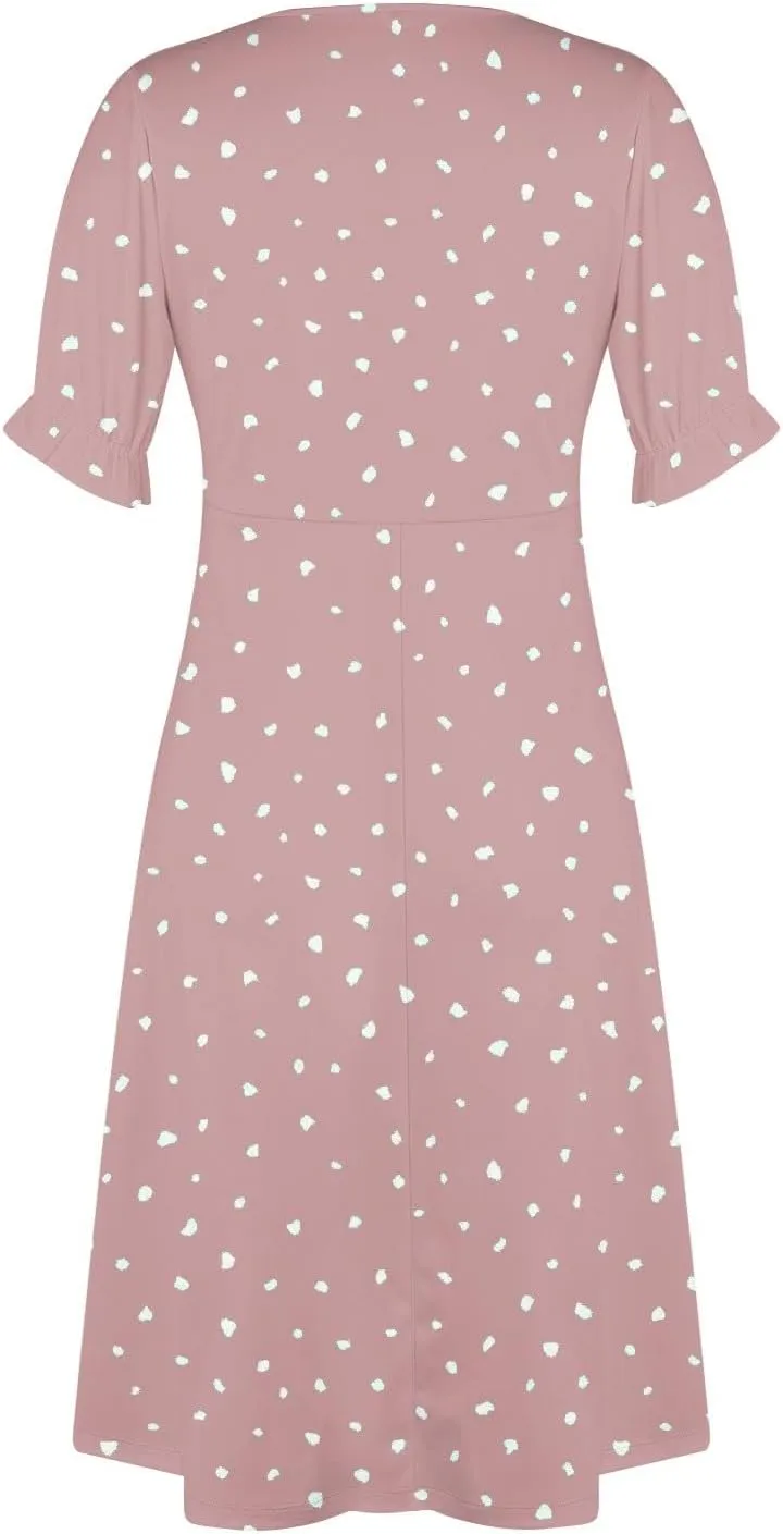 Beach Dresses for Women,2025 Spring Trendy Floral Boho Dress,Elegant V Neck Short Sleeve Irregular Hem Midi Dress