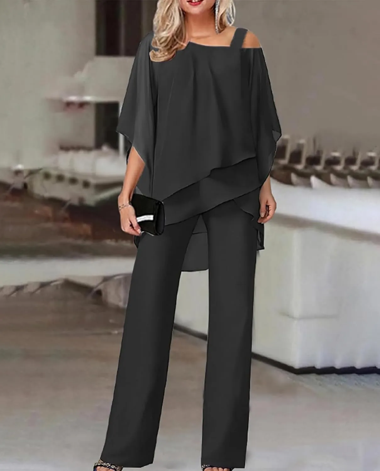 Bengbobar Pant Suits for Women Dressy 2 Piece Outfits Dressy Pant Suits Wedding Casual Chiffon Wide Leg Pant Jumpsuit Sets