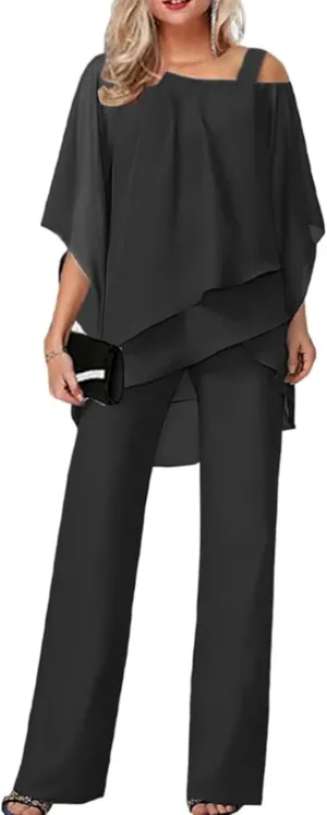 Bengbobar Pant Suits for Women Dressy 2 Piece Outfits Dressy Pant Suits Wedding Casual Chiffon Wide Leg Pant Jumpsuit Sets