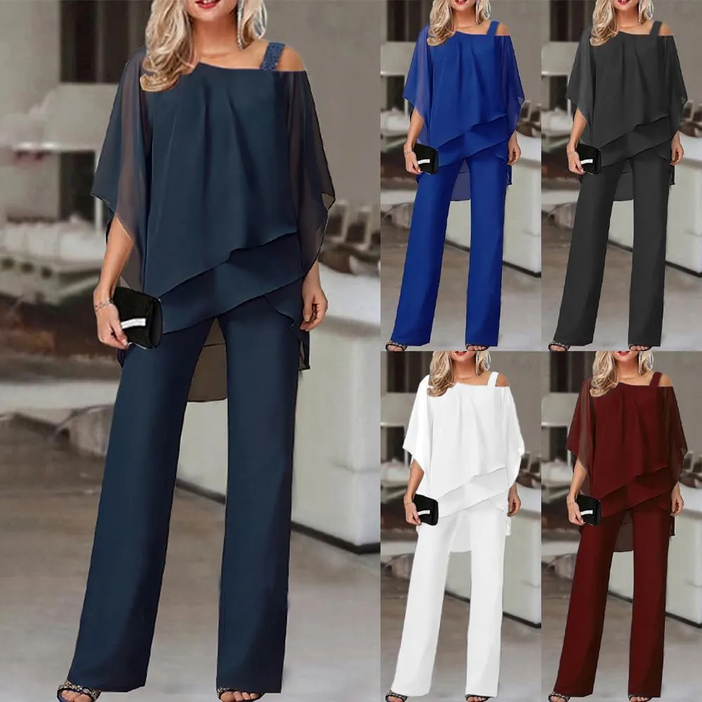 Bengbobar Pant Suits for Women Dressy 2 Piece Outfits Dressy Pant Suits Wedding Casual Chiffon Wide Leg Pant Jumpsuit Sets