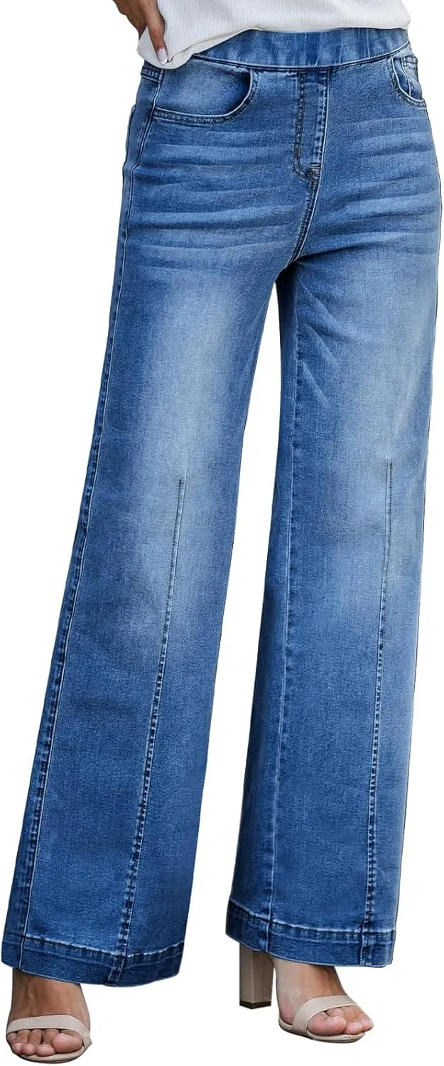 BestGirl Women's Baggy Jeans Pull On Stretchy Loose High Waisted Wide Leg Denim Pants Y2K 90s
