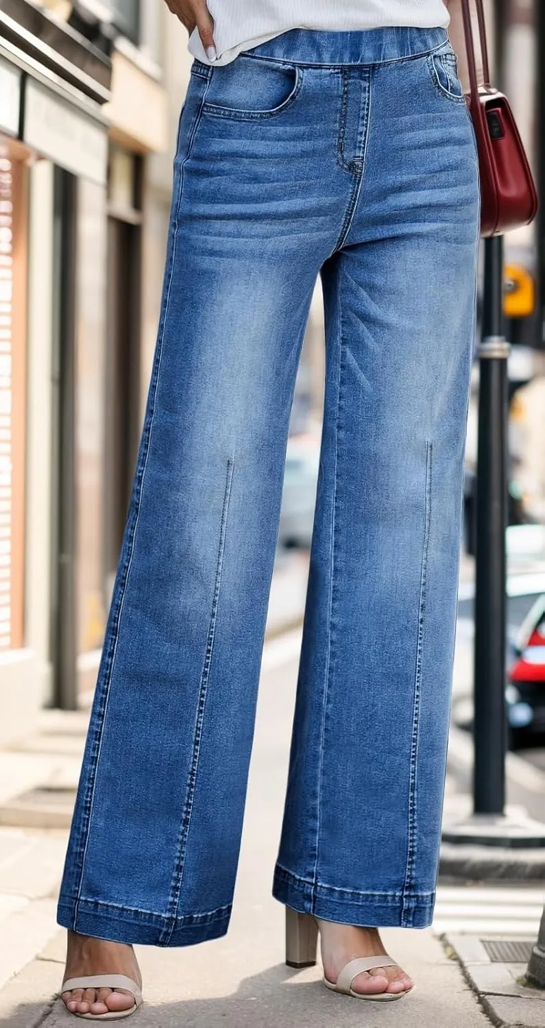 BestGirl Women's Baggy Jeans Pull On Stretchy Loose High Waisted Wide Leg Denim Pants Y2K 90s