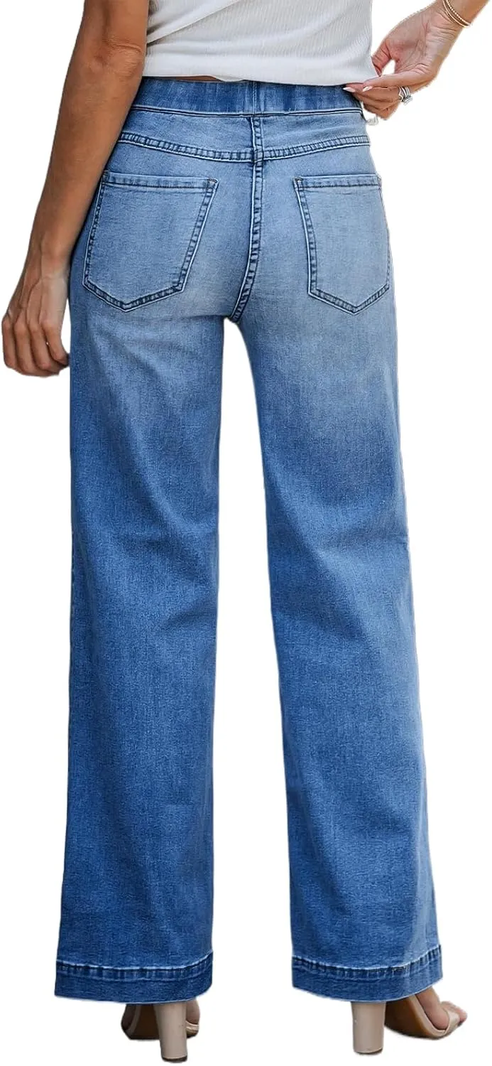 BestGirl Women's Baggy Jeans Pull On Stretchy Loose High Waisted Wide Leg Denim Pants Y2K 90s