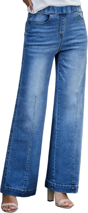 BestGirl Women's Baggy Jeans Pull On Stretchy Loose High Waisted Wide Leg Denim Pants Y2K 90s