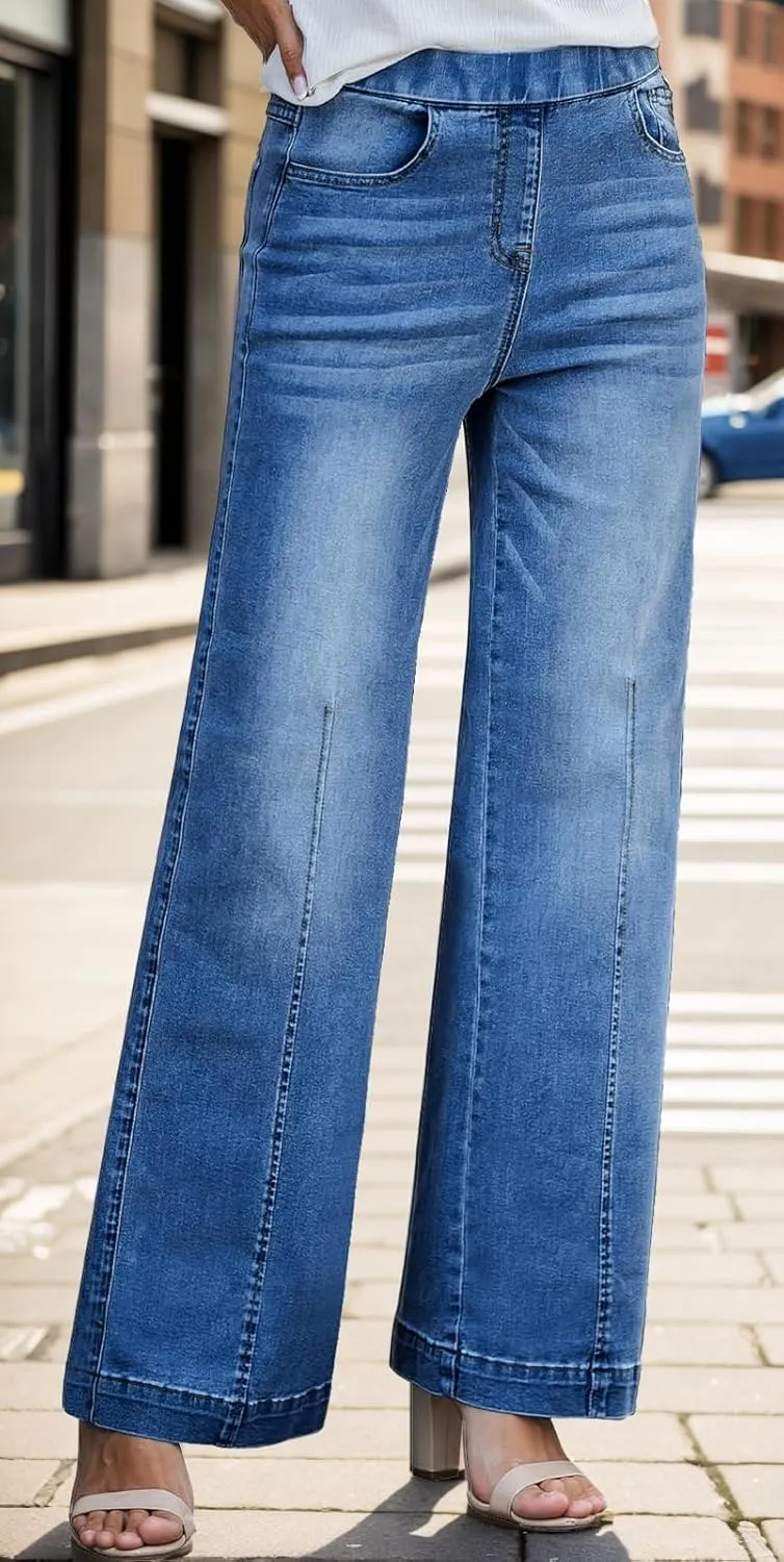 BestGirl Women's Baggy Jeans Pull On Stretchy Loose High Waisted Wide Leg Denim Pants Y2K 90s