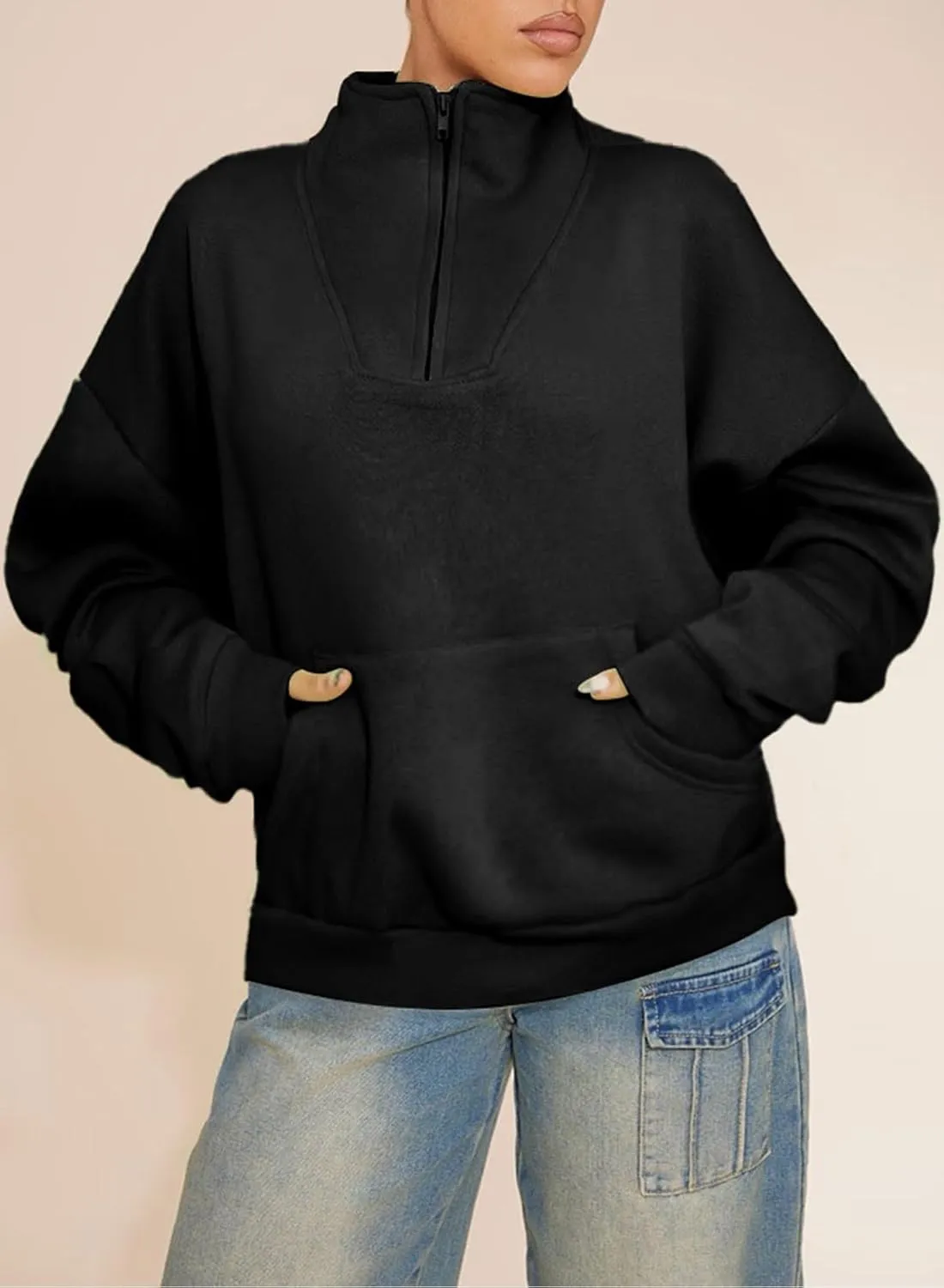 BLENCOT Women Half Zip Oversized Sweatshirts Long Sleeve Fleece Trendy Cropped Pullover Workout Warm Tops With Pockets S-2XL