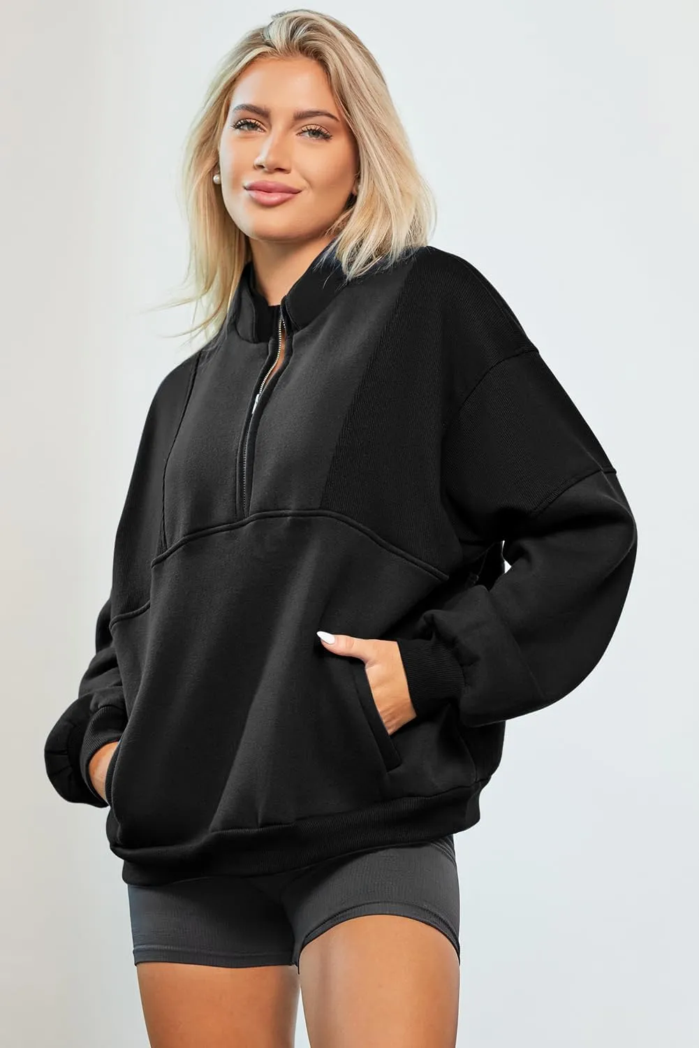 BLENCOT Women Half Zip Oversized Sweatshirts Long Sleeve Fleece Trendy Cropped Pullover Workout Warm Tops With Pockets S-2XL