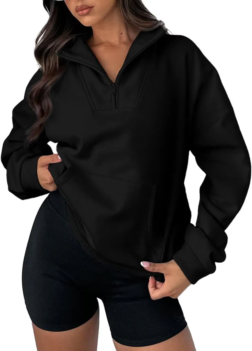 BLENCOT Women Half Zip Oversized Sweatshirts Long Sleeve Fleece Trendy Cropped Pullover Workout Warm Tops With Pockets S-2XL